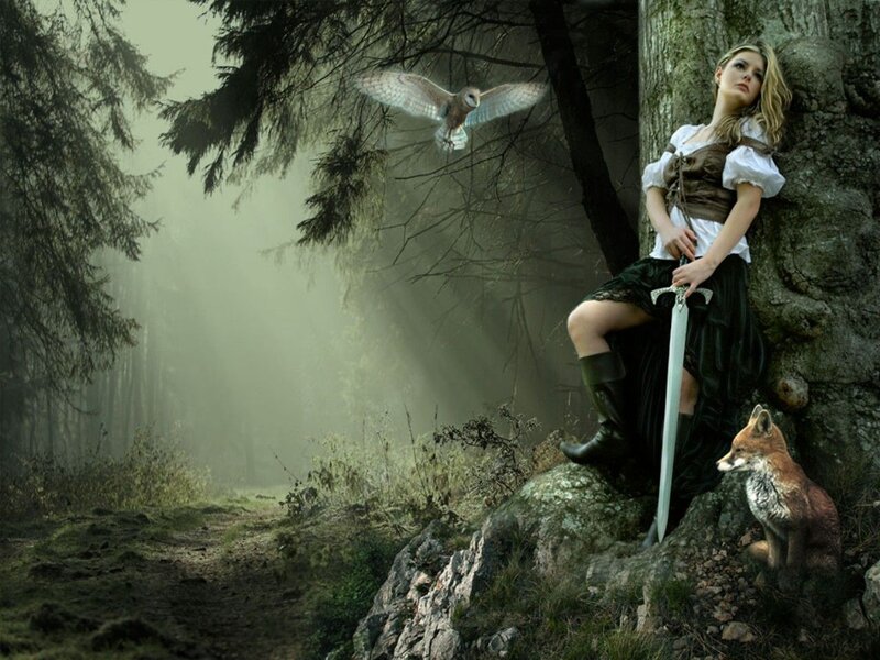 Woman with Sword in Forest — Green, Mystical