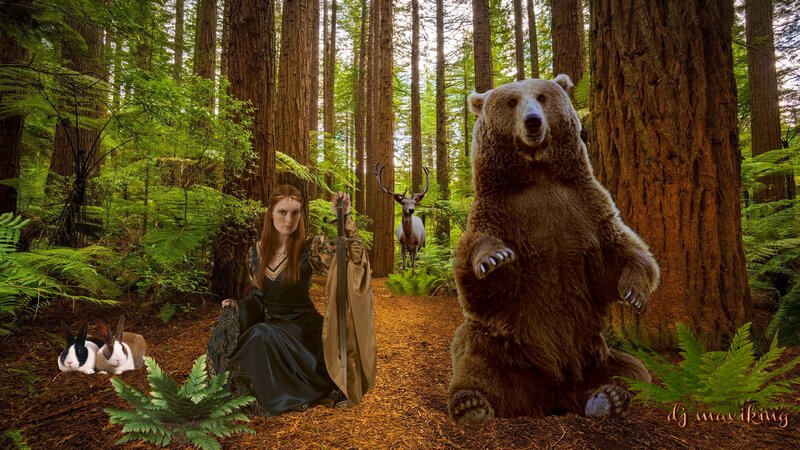 Woman with Sword in Forest — Green, Serene, Afternoon, Digital Art, Bear