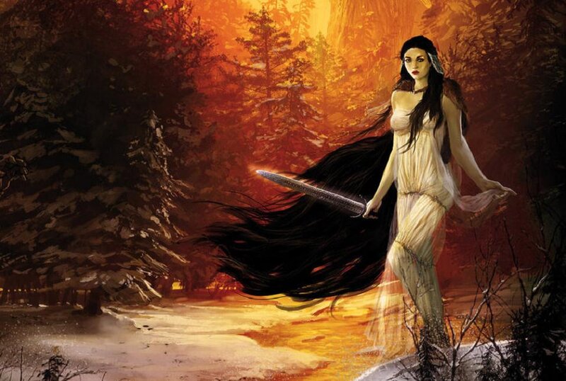 Woman with Sword in Forest — Orange