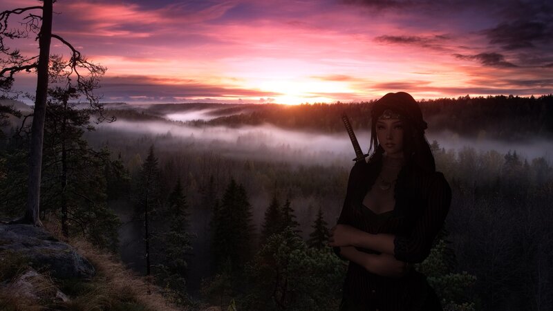 Woman with Sword in Forest — Purple, Dramatic, Sunset