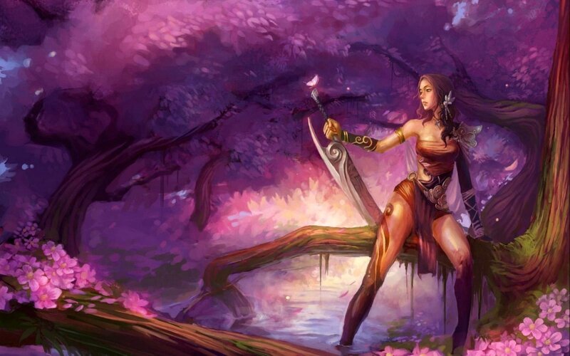 Woman with Sword in Forest — Purple, Dramatic
