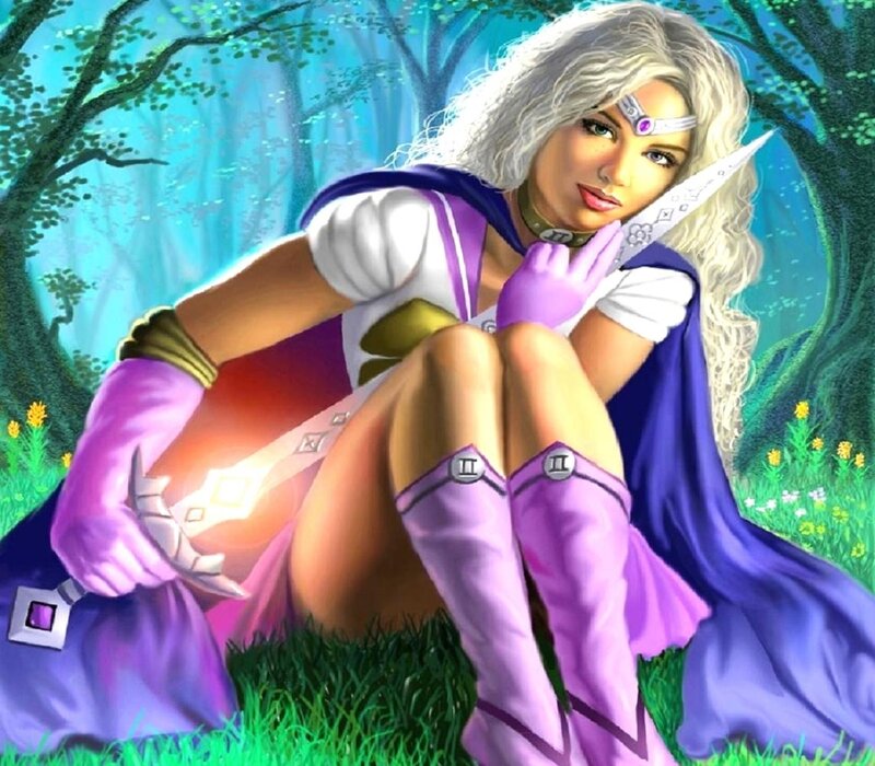 Woman with Sword in Forest — Purple, Serene, Afternoon