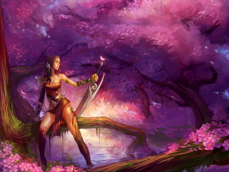 Woman with Sword in Forest — Purple, Serene, Night, Digital Art