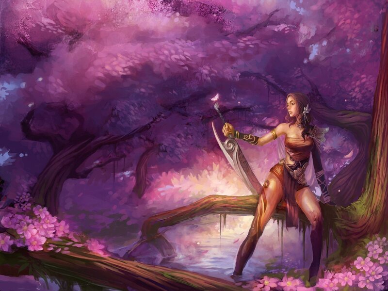 Woman with Sword in Forest — Purple, Serene, Spring