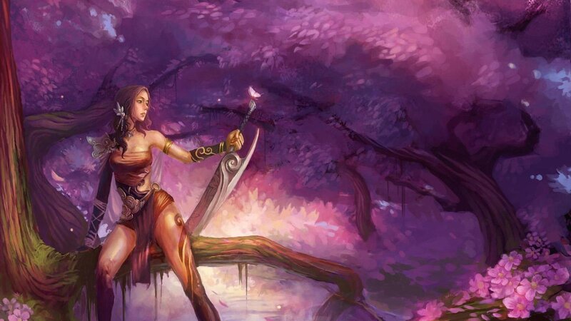Woman with Sword in Forest — Purple, Serene