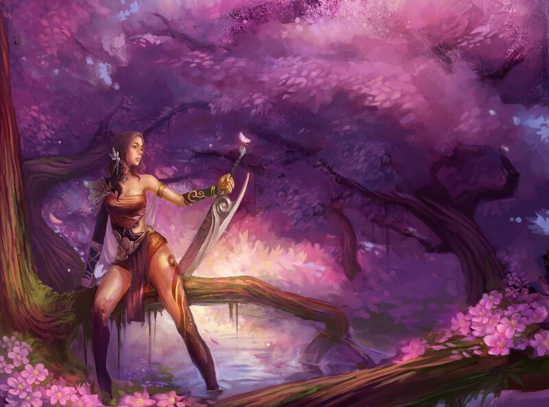 Woman with Sword in Forest — Purple