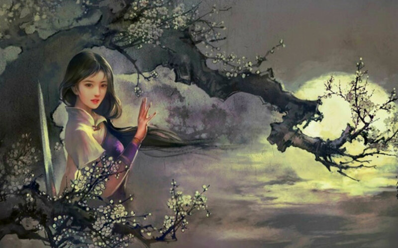 Woman with Sword in Garden — Purple