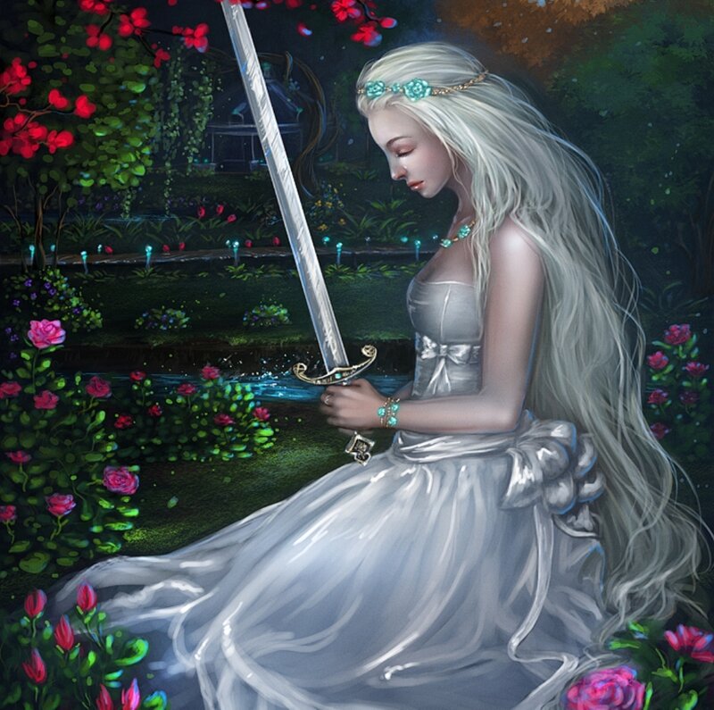 Woman with Sword in Garden — White