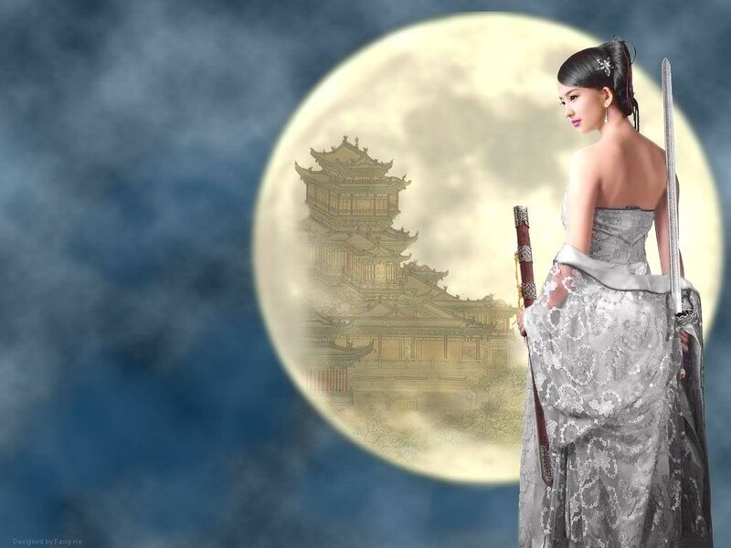 Woman with sword in moonlight