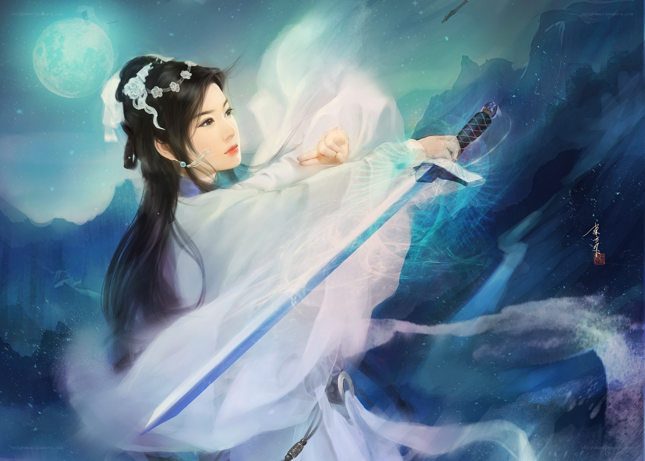 Woman with sword in moonlight