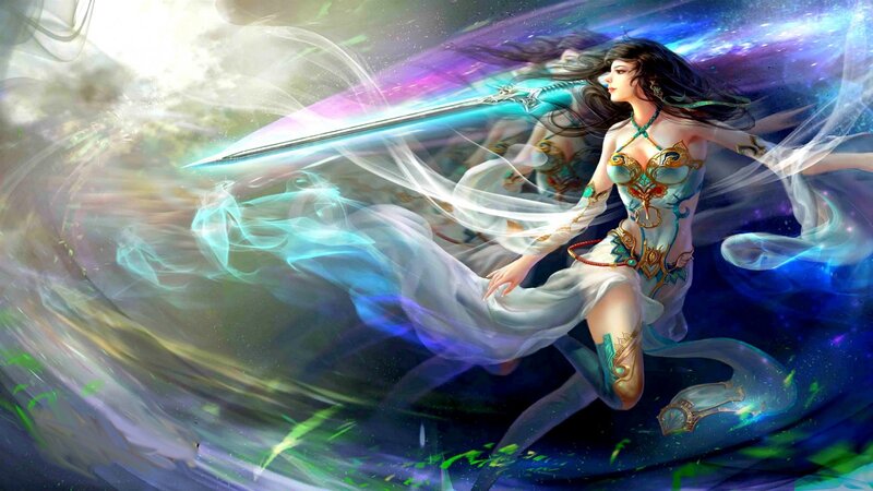 Woman with Sword in Motion — Blue