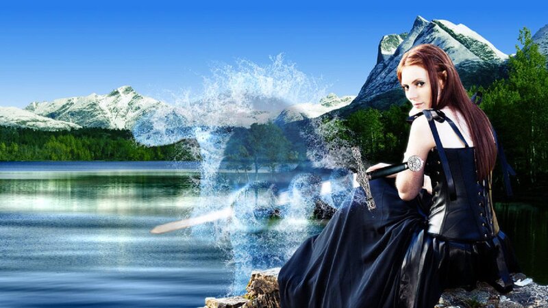 Woman with Sword in Mountains — Blue, Dramatic
