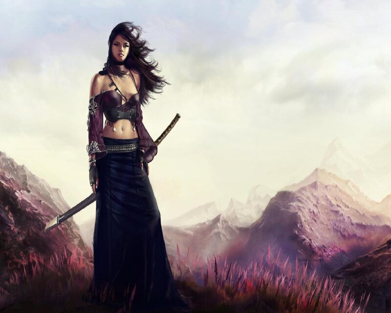 Woman with Sword in Mountains — Purple, Dramatic, Afternoon, Digital Art