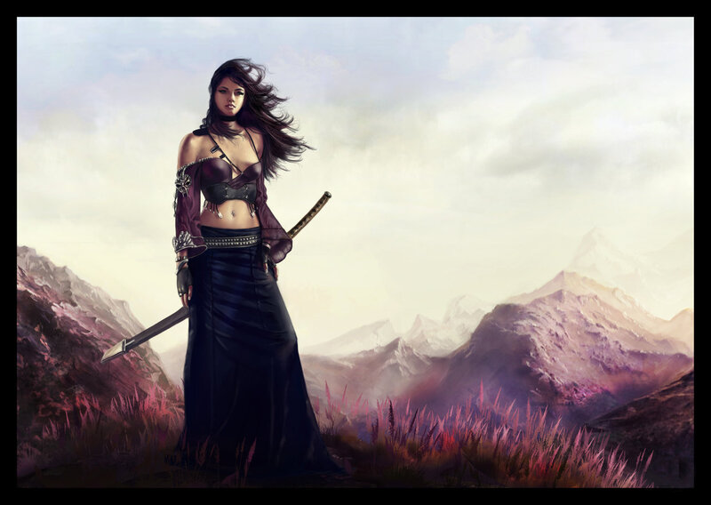 Woman with Sword in Mountains — Purple, Dramatic