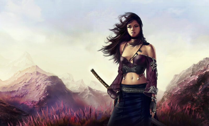 Woman with Sword in Mountains — Purple