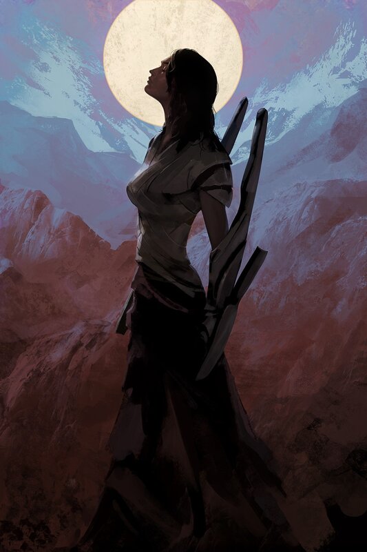 woman with sword in mountains