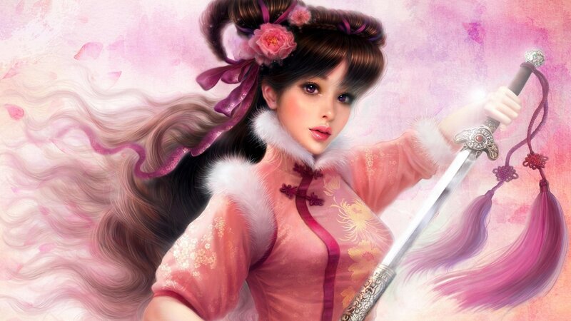 woman with sword in pink dress