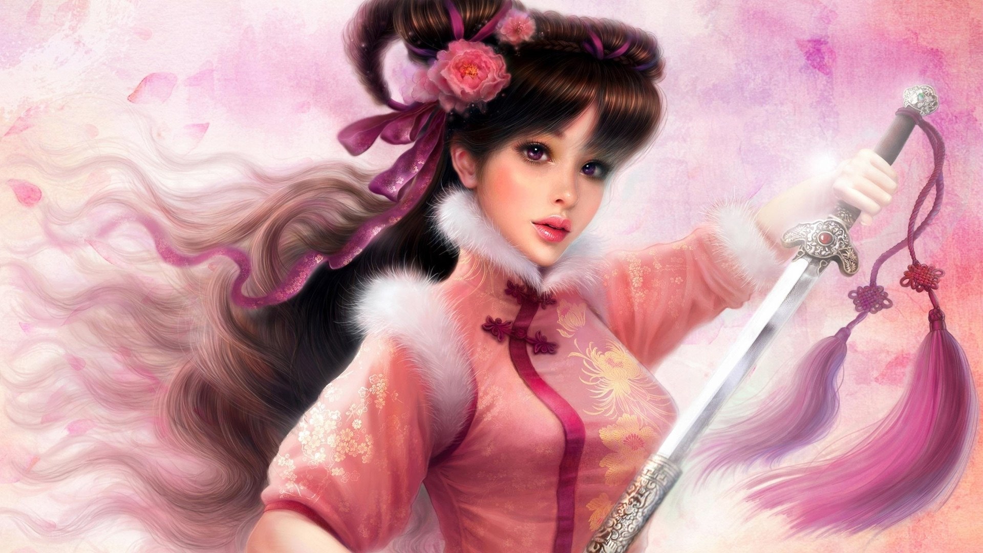 woman with sword in pink dress