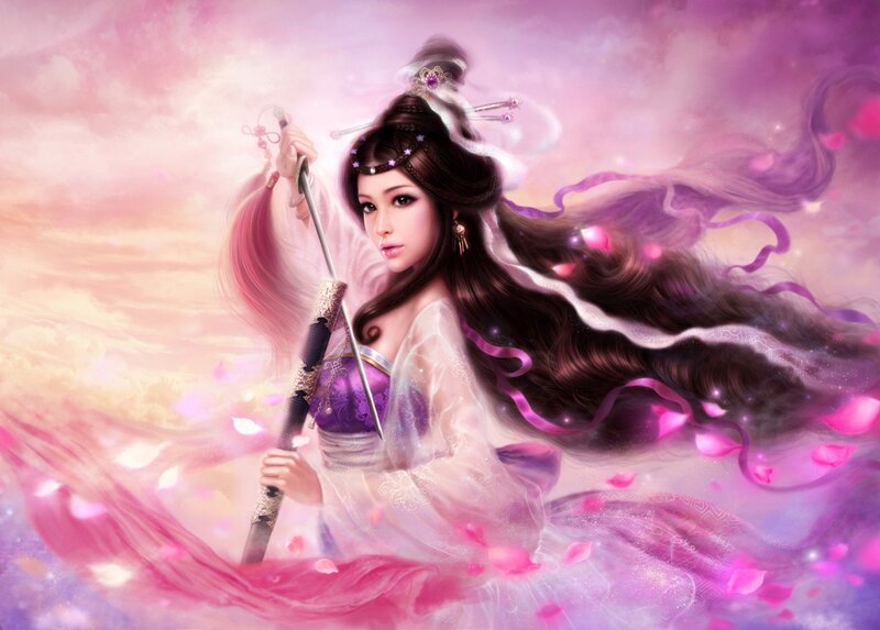 woman with sword in pink sky