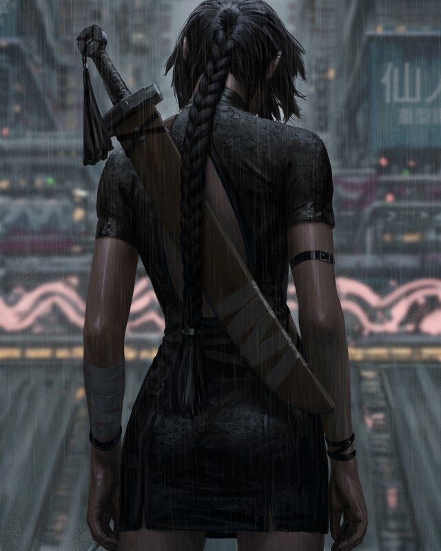 Woman with Sword in Rain — Black, Dramatic