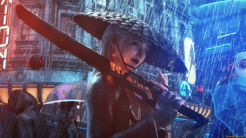 Woman with Sword in Rain — Blue, Dramatic