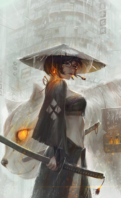Woman with Sword in Rain — Gray