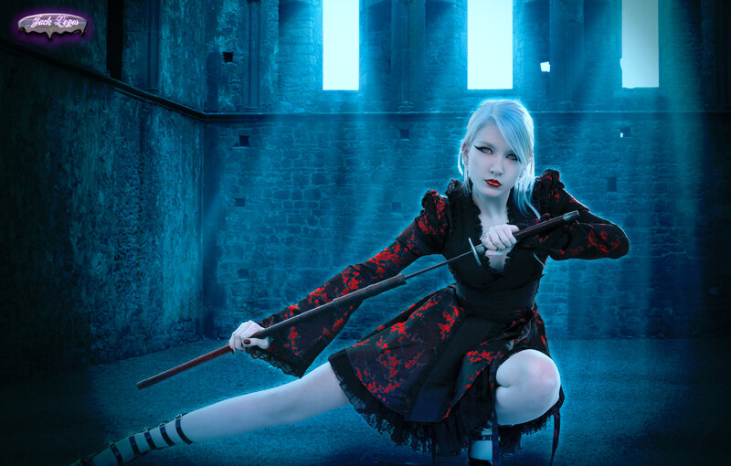 Woman with Sword in Ruins — Blue
