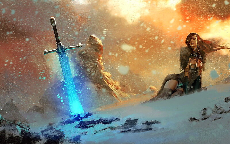 Woman with Sword in Snow — Blue