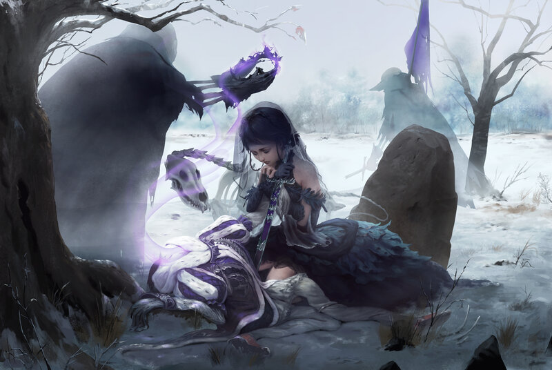 Woman with Sword in Snow — White, Dramatic