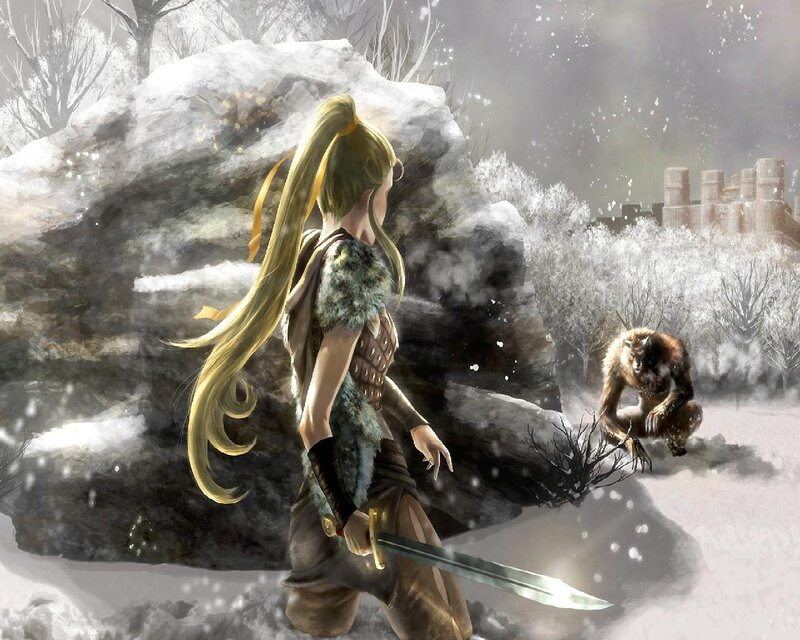 Woman with Sword in Snow — White