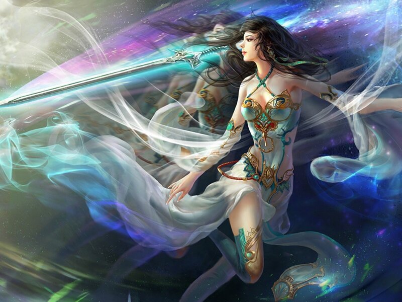Woman with Sword in Space — Blue