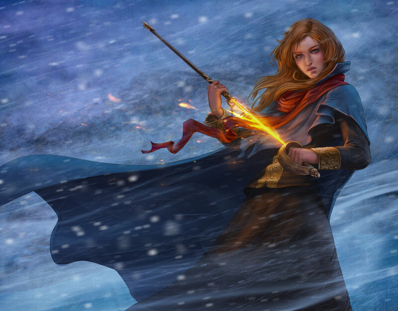 Woman with Sword in Storm — Blue, Dramatic
