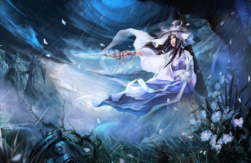 Woman with Sword in Storm — Blue