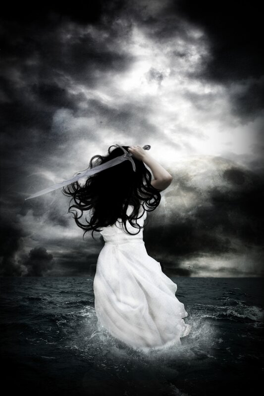 woman with sword in stormy sea