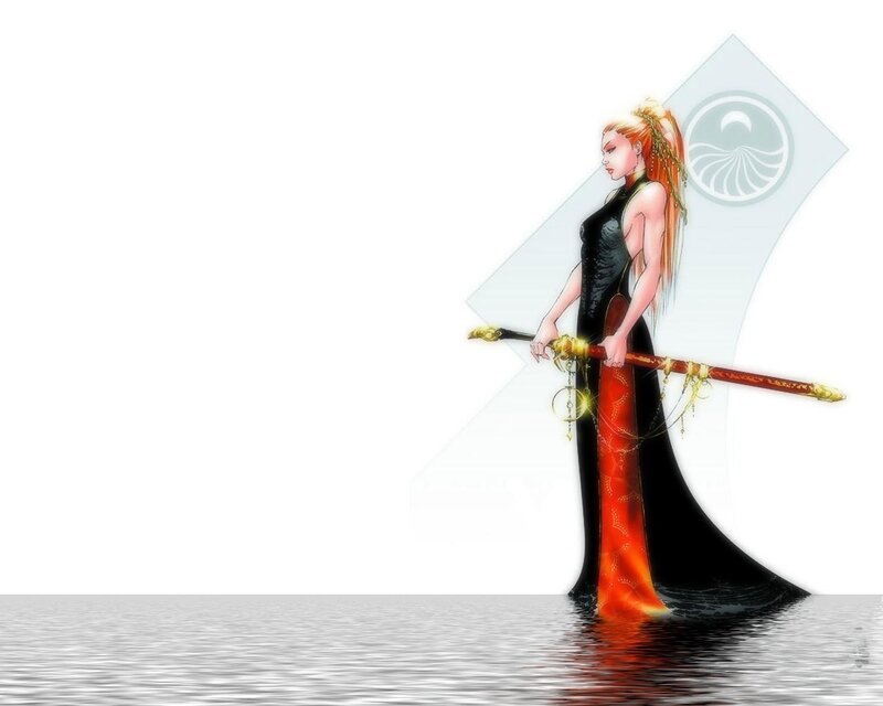 woman with sword in water