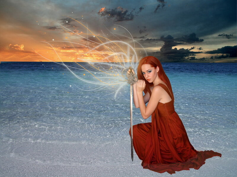 Woman with Sword in Water — Red