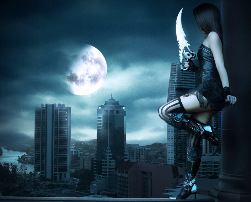 Woman with Sword on Balcony