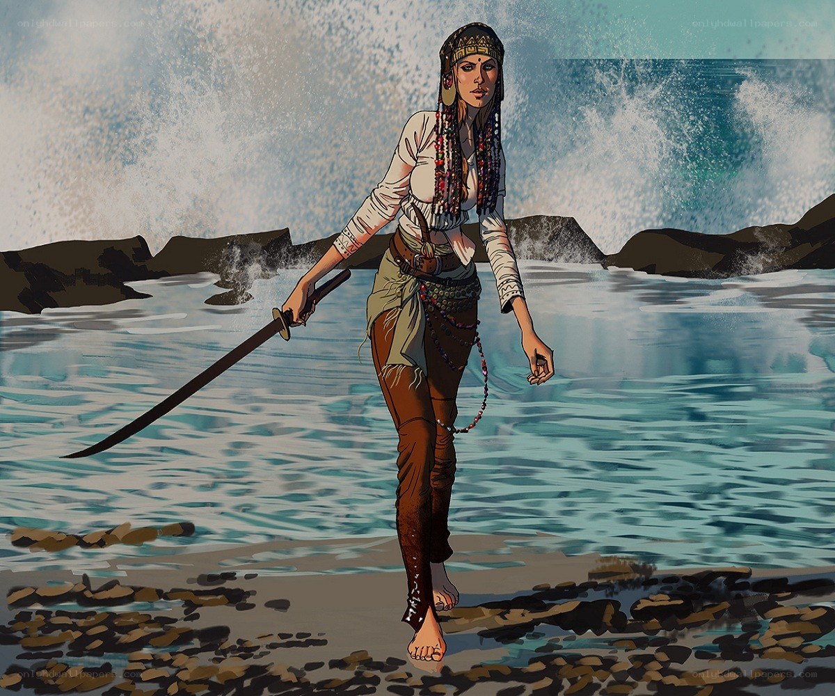 Woman with sword on beach