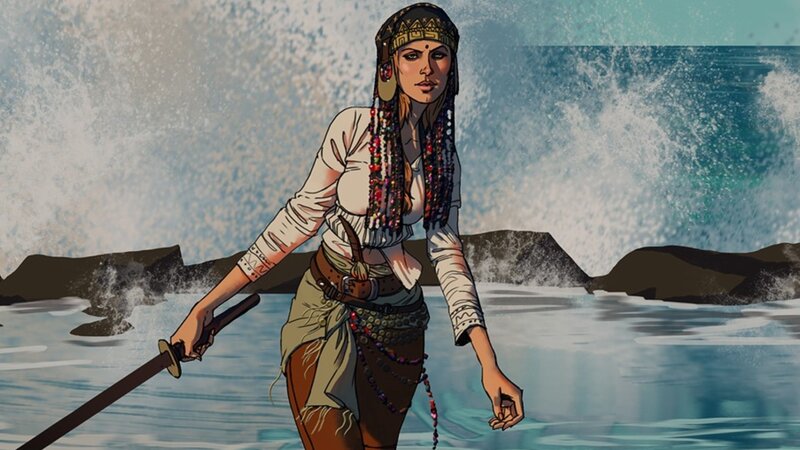 woman with sword on beach