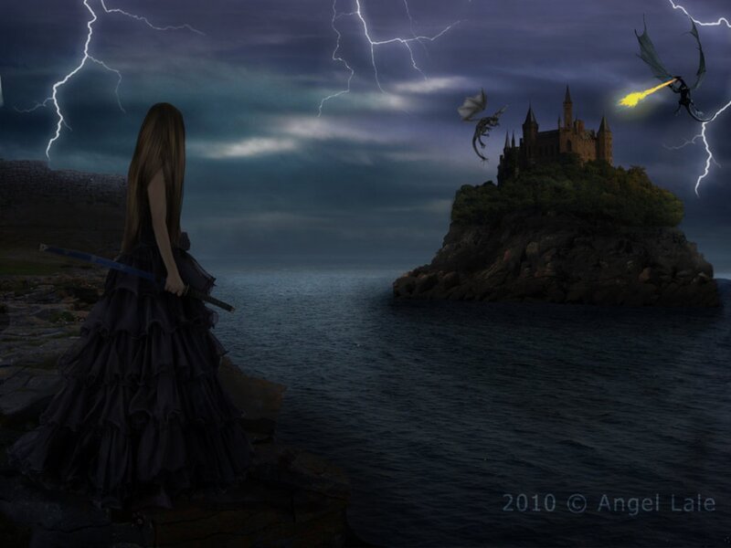 Woman with Sword on Cliff — Dark Blue
