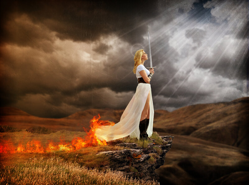 Woman with Sword on Cliff — White