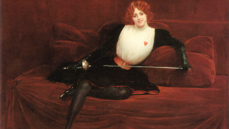 Woman with Sword on Couch — Red