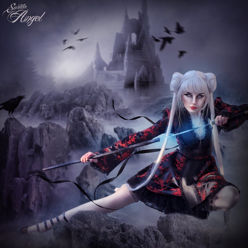 Woman with Sword on Rocks — Black
