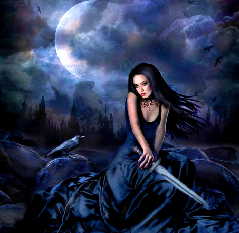 Woman with Sword on Rocks — Blue