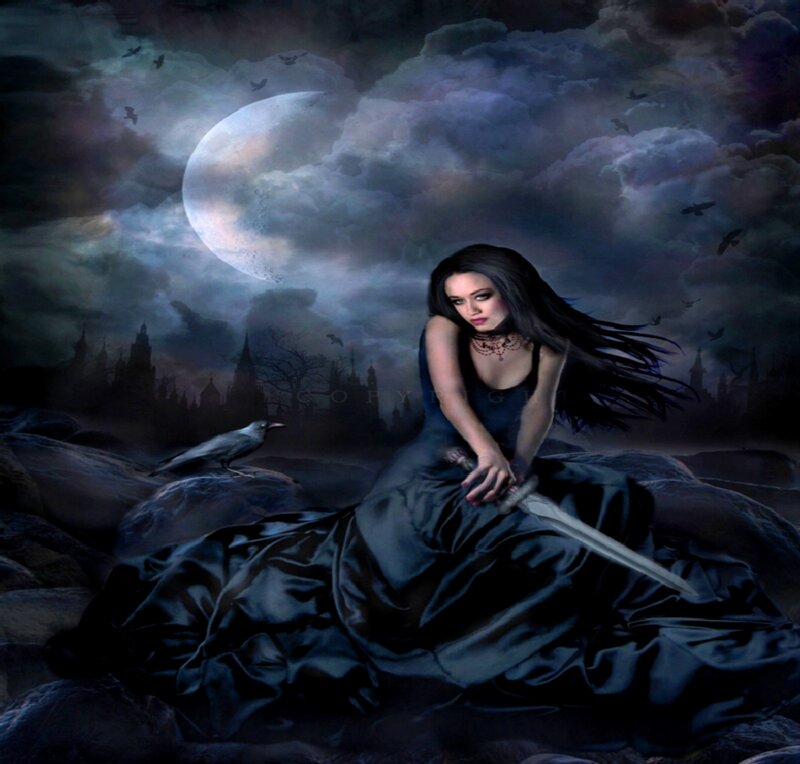 Woman with Sword on Rocks