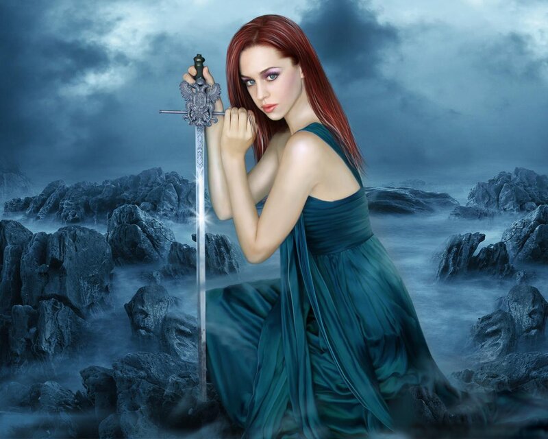 woman with sword on rocky shore