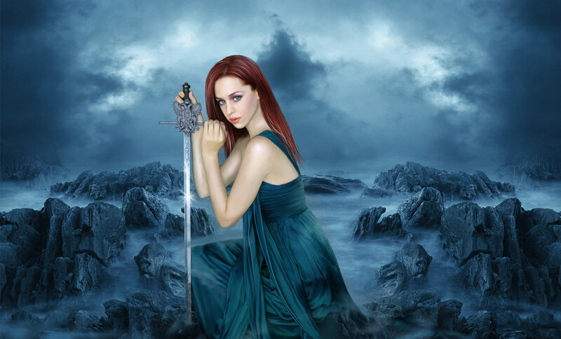woman with sword on rocky shore