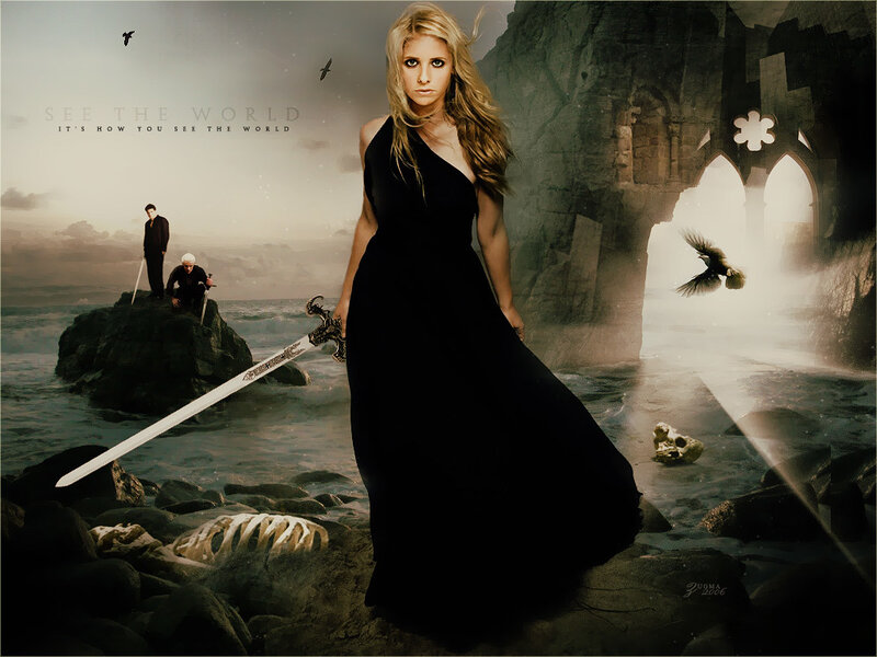 woman with sword on shore