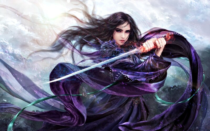 Woman with Sword — Purple, Dramatic, Digital Art, Cloak