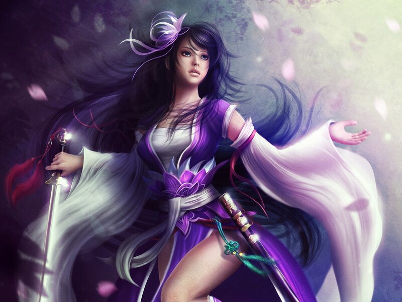 Woman with Sword — Purple, Dramatic, Digital Art, Flower